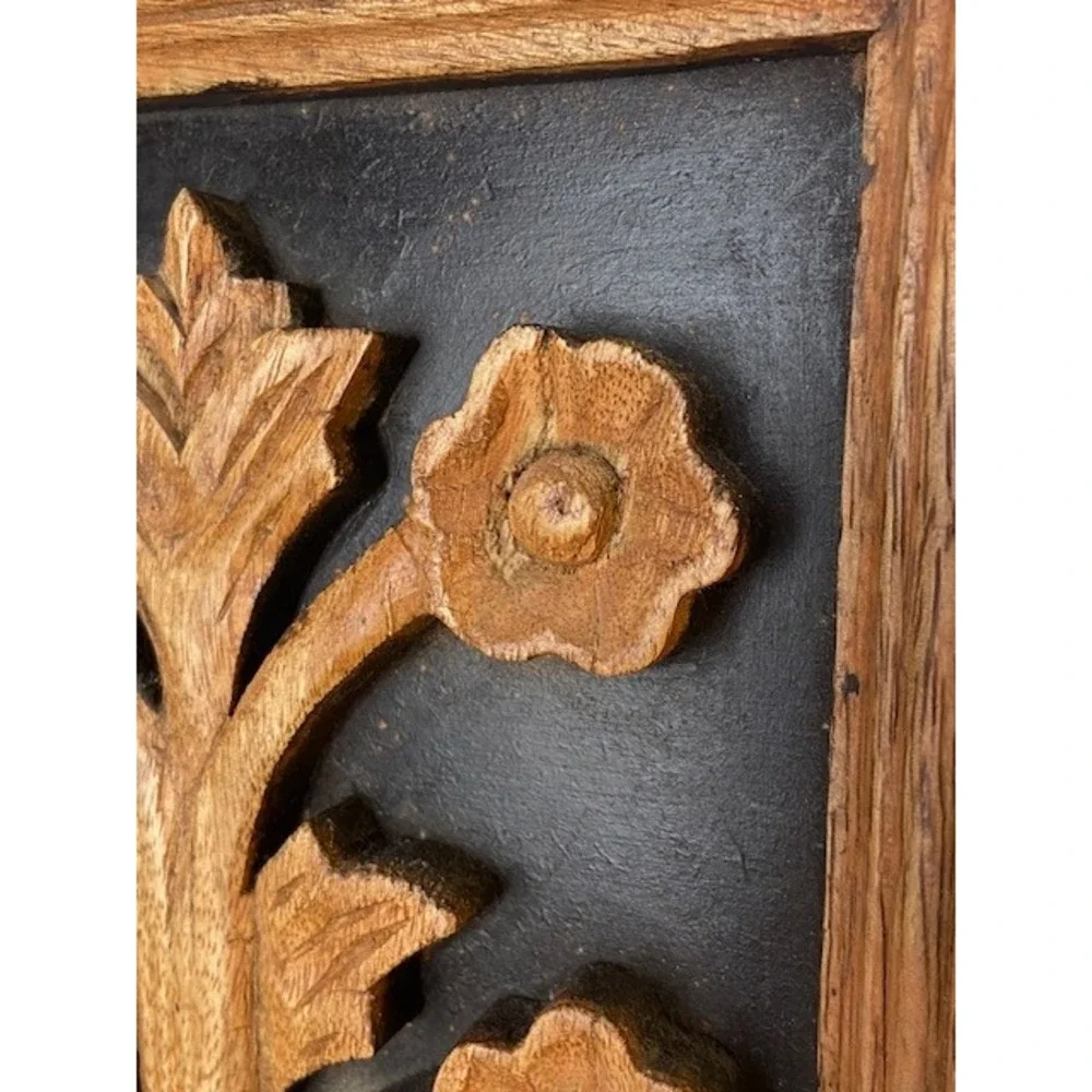 Vintage Teak Tree Carved Floral Wood Wall Art MCM Brown Black Plaque Relief 10x7